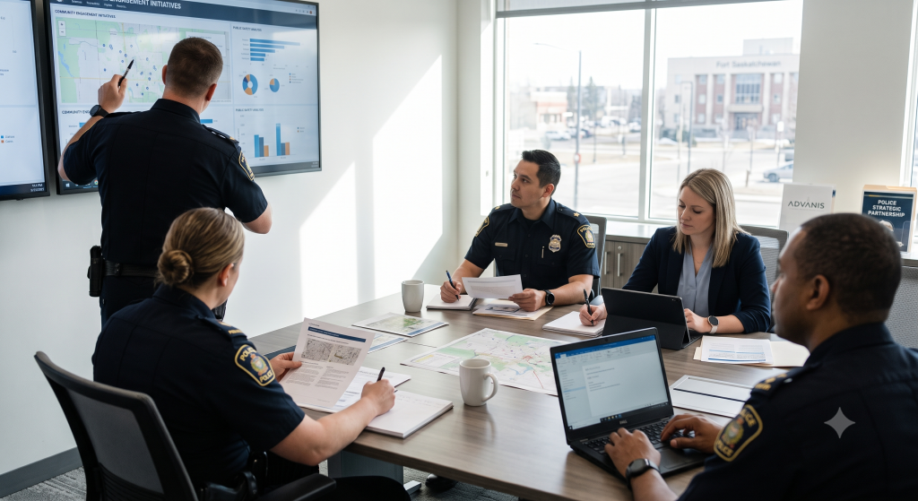 Image of police officers at a boardroom table.